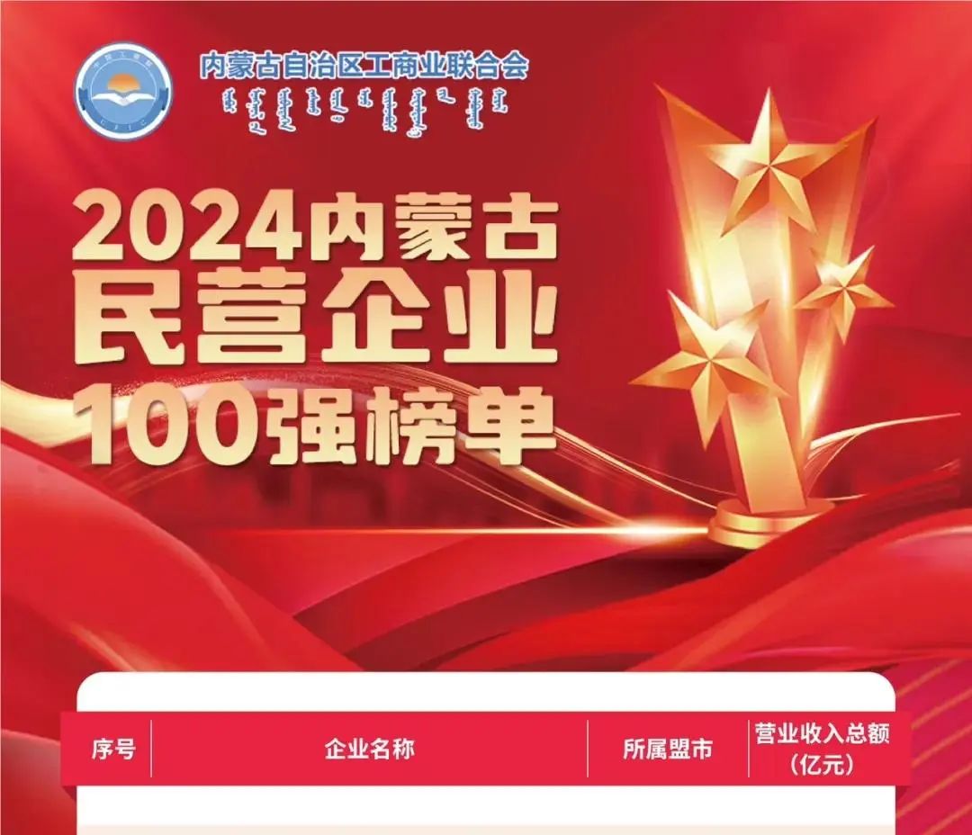 大中礦業(yè)股份有限公司榮獲2024內(nèi)蒙古民營(yíng)企業(yè)100強(qiáng)，位列七十五名